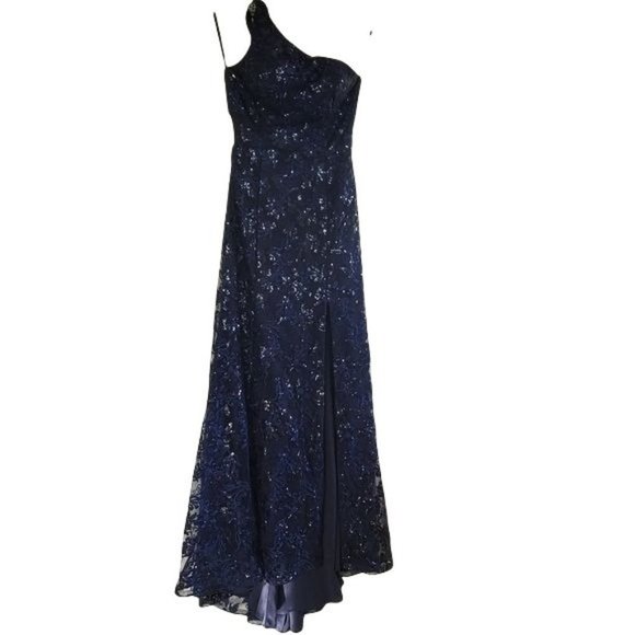 LUXURY ONE SHOULDER NAVY SEQUIN MAXI DRESS SZ S - Picture 7 of 16